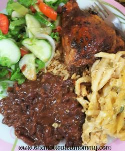 Fried Rice, Red Beans, Baked Chicken, Macaroni Pie and Green Salad
