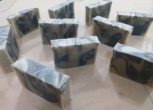 Cut bars of activated charcoal and sea clay soap